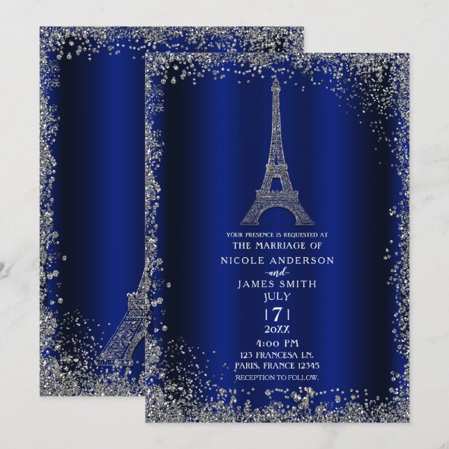 Convites Torre Eiffel Casamento Brilho Prata Azul Real (Frente/Verso)