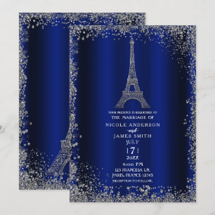 Convites Torre Eiffel Casamento Brilho Prata Azul Real