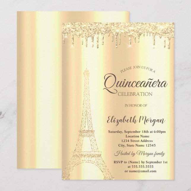 Convites Torre Eiffel Chic Glitter Dourado, Gotas Quinceañe (Frente/Verso)