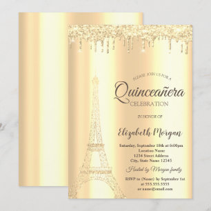 Convites Torre Eiffel Chic Glitter Dourado, Gotas Quinceañe
