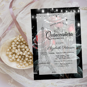 Convites Torre Eiffel cintilante, Rosa escura Quinceañera