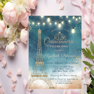 Convites Torre Eiffel cintilante, Tiara Aquarela Quinceañer
