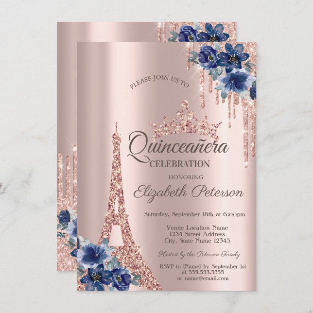 Convites Torre Eiffel, Coloca Flores Azuis Quinceañera (Frente/Verso)