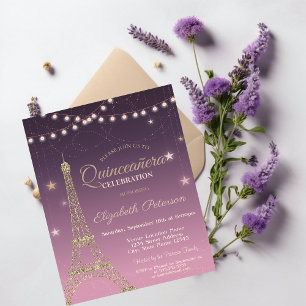 Convites Torre Eiffel com Brilho Dourado, Quinceañera Burgu