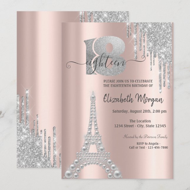 Convites Torre Eiffel com Pingos de Brilho Prateados Aniver (Frente/Verso)
