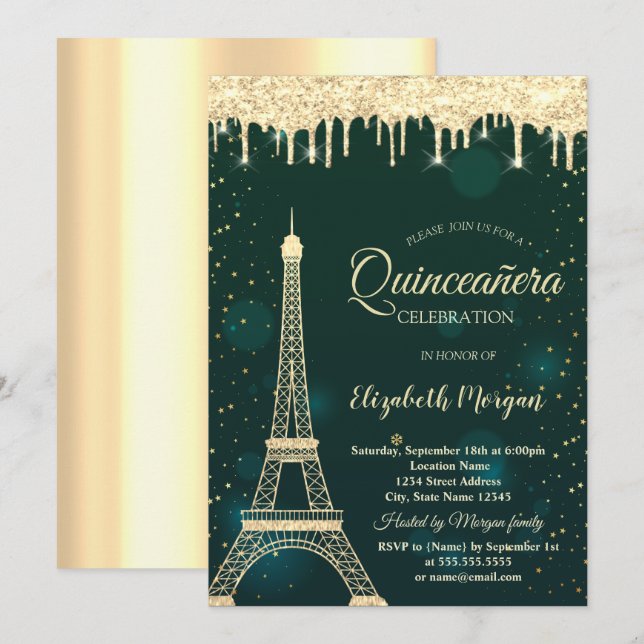 Convites Torre Eiffel com Purpurina Dourada, Gotas Verde Qu (Frente/Verso)