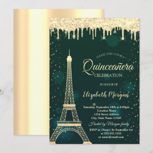 Convites Torre Eiffel com Purpurina Dourada, Gotas Verde Qu