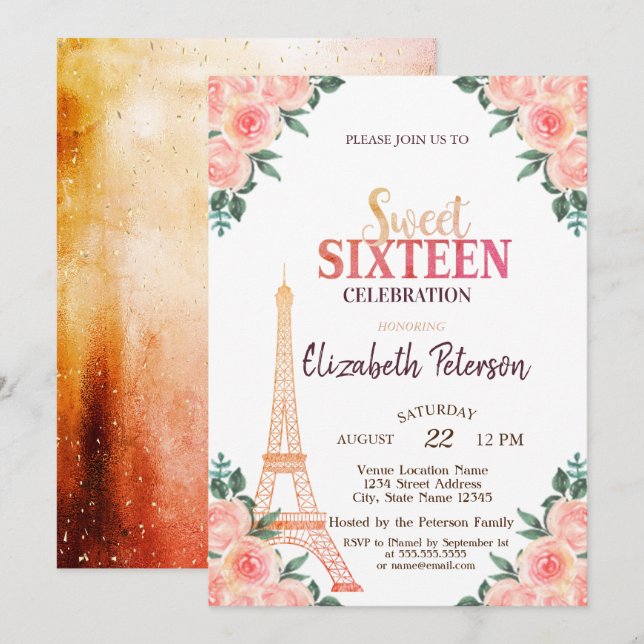 Convites Torre Eiffel Confetes ++++9-Flores Doce 16 (Frente/Verso)