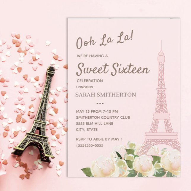 Convites Torre Eiffel Cor-de-rosa-claro, branca, doce 16 (Blush pink Eiffel Tower/Paris Sweet 16 birthday party invitation)