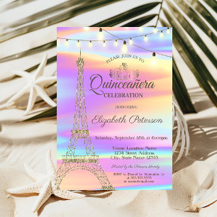 Convites Torre Eiffel de Brilho Dourado Quinceañera Holográ