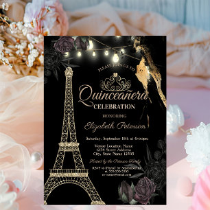 Convites Torre Eiffel de Brilho Dourado Rosas Pretas Quince
