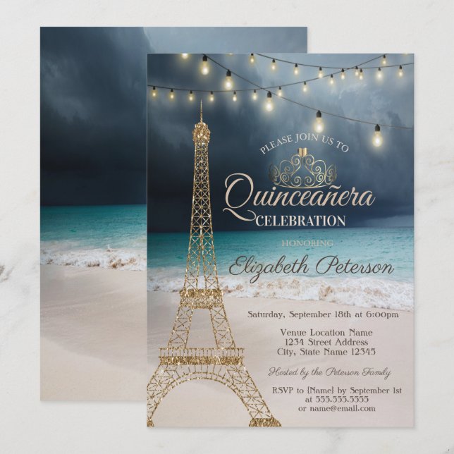 Convites Torre Eiffel de Brilho Dourado, Tiara Beach Quince (Frente/Verso)