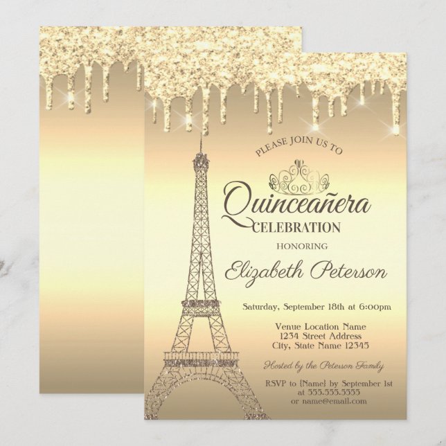 Convites Torre Eiffel de Brilho Dourado,Tiara,Gotas Quincea (Frente/Verso)