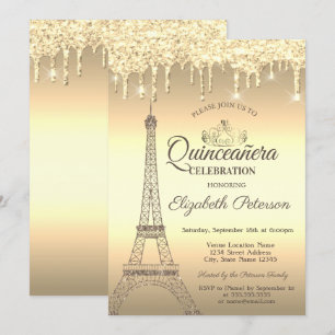 Convites Torre Eiffel de Brilho Dourado,Tiara,Gotas Quincea