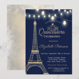 Convites Torre Eiffel de Brilho Dourado, Tiara Quinceañera