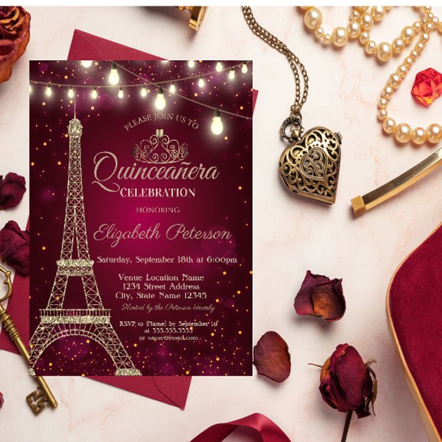 Convites Torre Eiffel de Brilho Dourado,Tiara Vermelha Quin (Criador carregado)