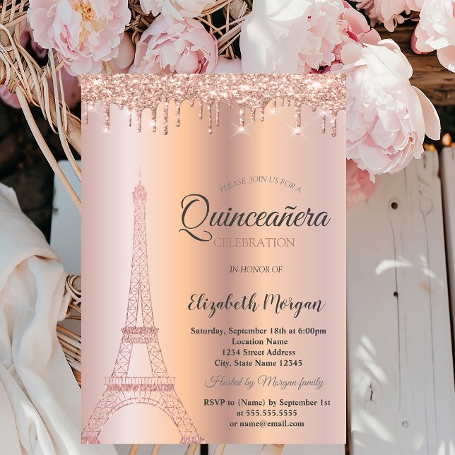 Convites Torre Eiffel de Brilho Rosa Dourado, Gotas Quincea (Criador carregado)
