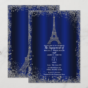 Convites Torre Eiffel de Engajamento com Brilho Prateado Az