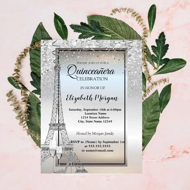 Convites Torre Eiffel de Glitter de Prata, Quinceañera de V (Criador carregado)