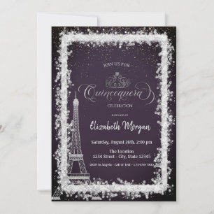 Convites Torre Eiffel de Moldura Prateada Quinceanera Roxo 
