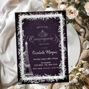 Convites Torre Eiffel de Moldura Prateada Quinceanera Roxo