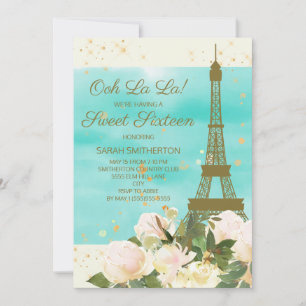 Convites Torre Eiffel de ouro menta elegante Paris Sweet 16