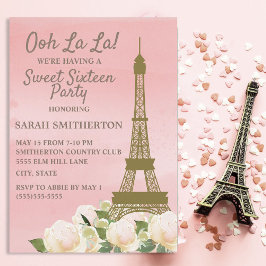 Convites Torre Eiffel de Ouro Rosa Floral Doce 16