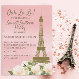 Convites Torre Eiffel de Ouro Rosa Floral Doce 16
