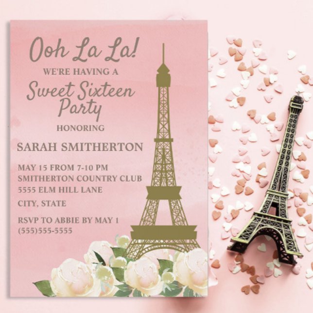Convites Torre Eiffel de Ouro Rosa Floral Doce 16 (Ooh la la Parisian Sweet 16 birthday party invitation)