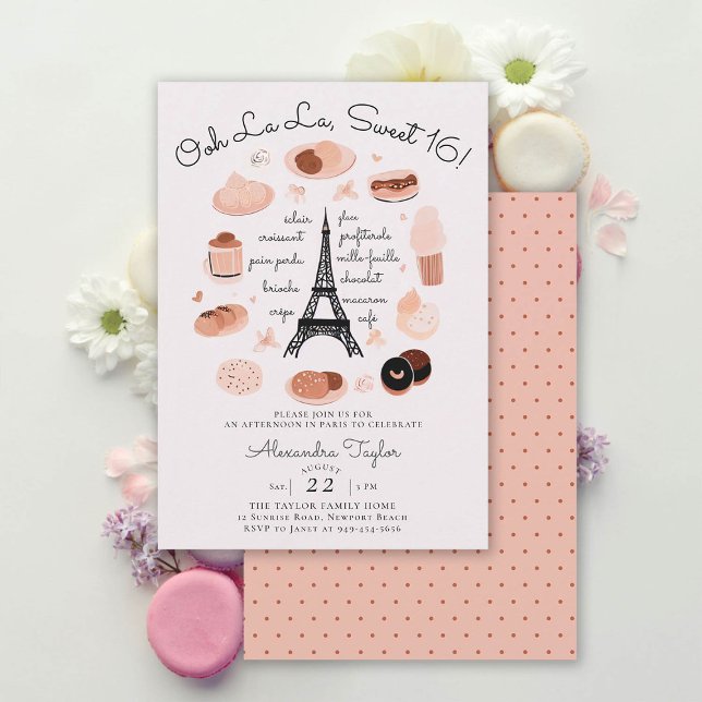 Convites Torre Eiffel de Paris, Desserts Rosa Blush, Sweet  (paris sweet 16 invitations eiffel tower french desert dessert croissant eclair unique original girly)