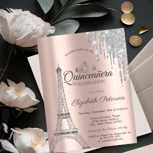 Convites Torre Eiffel de Paris, Gotas Rosa Dourado Quinceañ