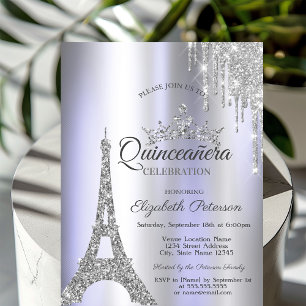 Convites Torre Eiffel de Paris Prata, Drip Violeta Quinceañ