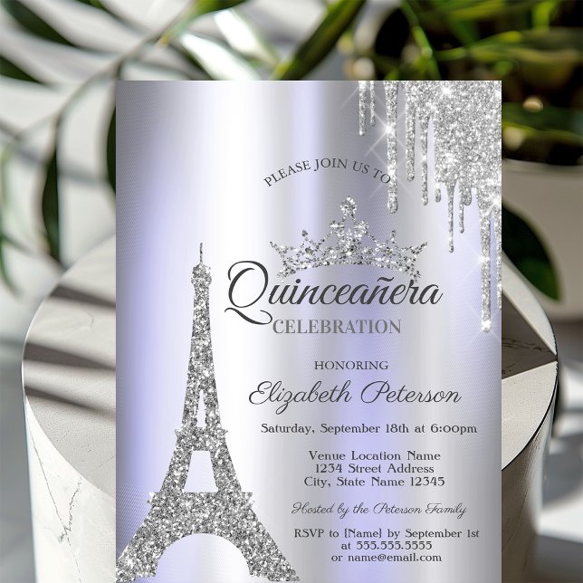 Convites Torre Eiffel de Paris Prata, Drip Violeta Quinceañ (Criador carregado)