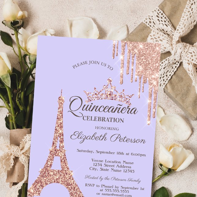 Convites Torre Eiffel de Paris, Quinceañera Lavanda Gotejan (Criador carregado)