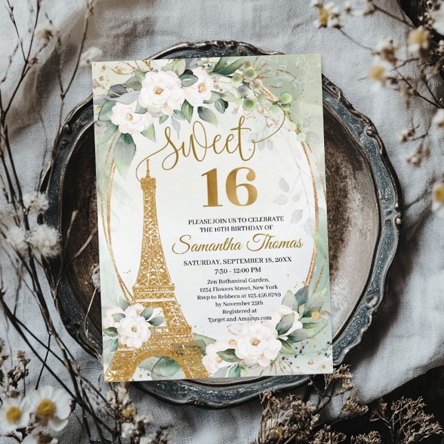 Convites Torre Eiffel de Paris rosas brancas verde-aval de  (Paris Eiffel tower white roses greenery gold oval Invitation)
