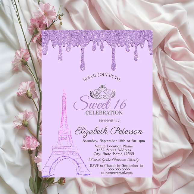 Convites Torre Eiffel de Paris, Violet Drips Sweet 16   (Criador carregado)