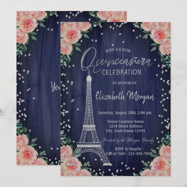 Convites Torre Eiffel de Prata Diamantes Flores Quinceañera (Frente/Verso)