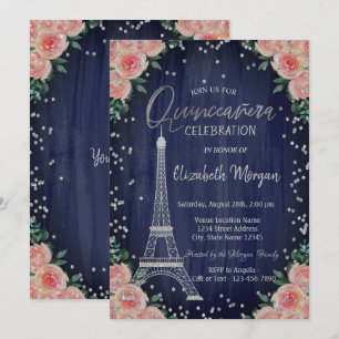 Convites Torre Eiffel de Prata Diamantes Flores Quinceañera