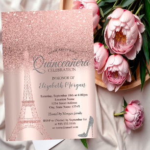 Convites Torre Eiffel de rosa Dourada, Heels Quinceañera