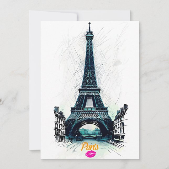 Convites Torre Eiffel Desenho Impresso, Desenho de Linha, P (Frente)