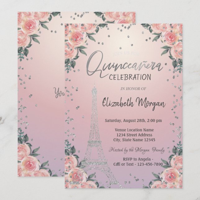 Convites Torre Eiffel Diamantes Flores Rosa Quinceañera (Frente/Verso)