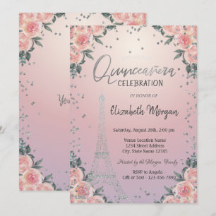 Convites Torre Eiffel Diamantes Flores Rosa Quinceañera