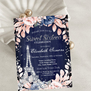 Convites Torre Eiffel Diamantes Rosas Azuis Marinho Sweet 1