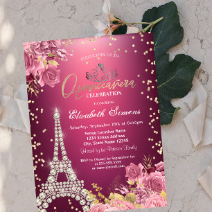 Convites Torre Eiffel Diamantes Rosas Vermelho Quinceanera
