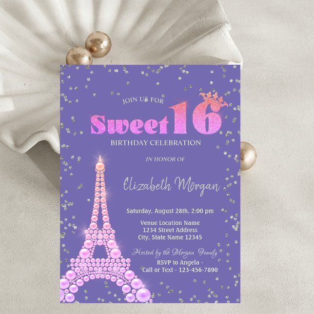Convites Torre Eiffel Diamantes Violeta Sweet 16 (Criador carregado)