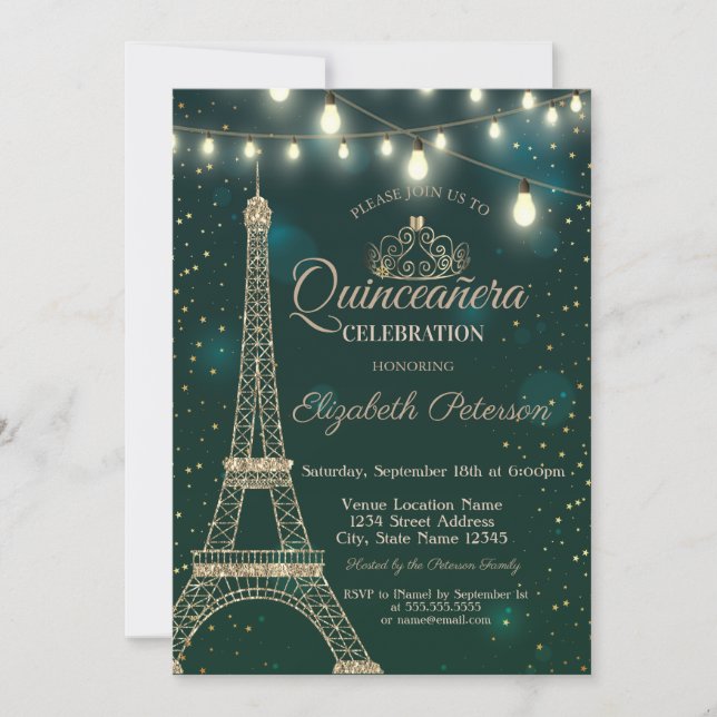 Convites Torre Eiffel Dourada Brilha Verde  Quinceañera (Frente)