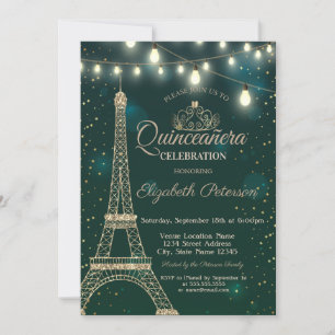 Convites Torre Eiffel Dourada Brilha Verde Quinceañera