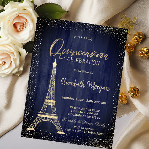 Convites Torre Eiffel Dourada Confete Azul Marinho Quincean