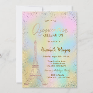 Convites Torre Eiffel Dourada Confete Holográfica Quinceañe