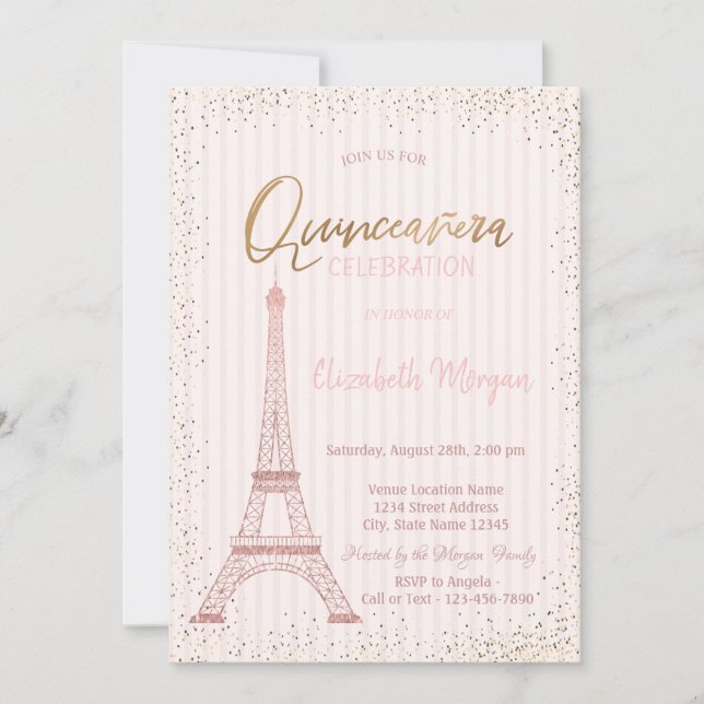 Convites Torre Eiffel Dourada Confetti Stripe Quinceanera (Frente)